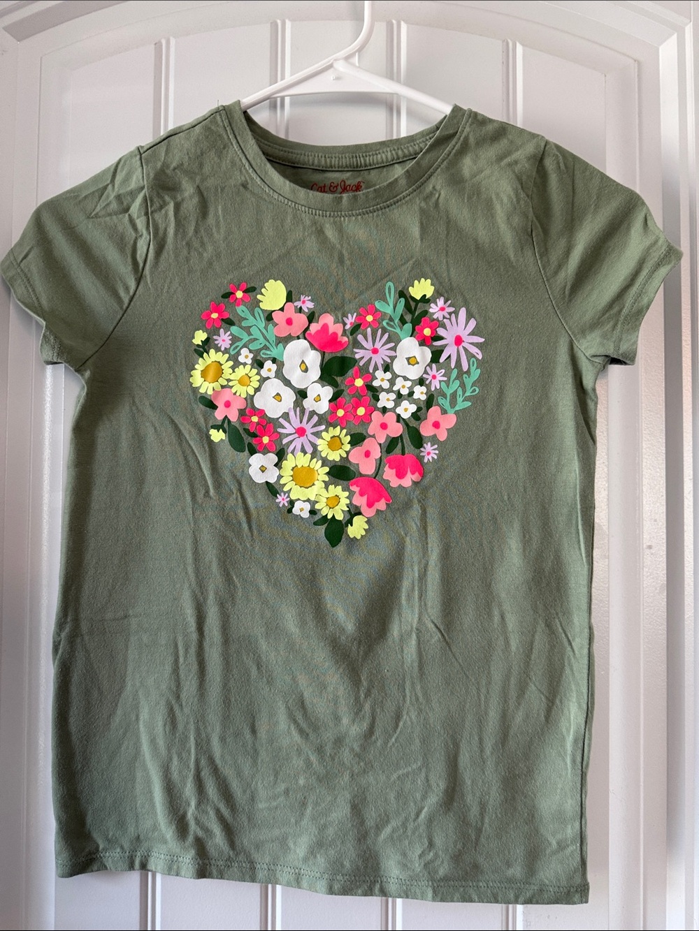 Gently worn Cat & Jack Olive Green Short Sleeve Tee with Bright Floral Heart